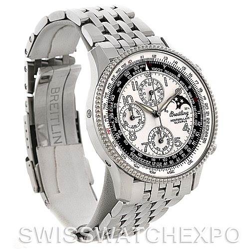 This image shows a Breitling Navitimer A19350 Men
s Stainless Steel Silver Dial A19350 Men
s Stainless Steel Silver Dial watch from an angled front view, highlighting its face, bezel, and bracelet.