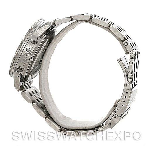 The image shows a side view of a Breitling Navitimer A19350 Men
s Stainless Steel Silver Dial A19350 Men
s Stainless Steel Silver Dial watch, focusing on the bracelet, clasp, and side buttons.