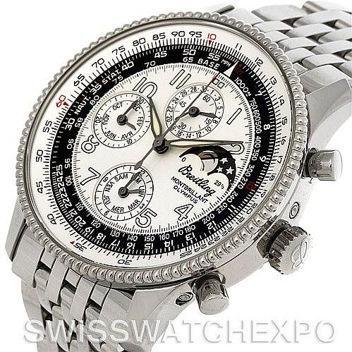 The image shows a Breitling Navitimer A19350 Men
s Stainless Steel Silver Dial A19350 Men
s Stainless Steel Silver Dial from an angled side view, highlighting its dial, bezel, crown, pushers, and bracelet.