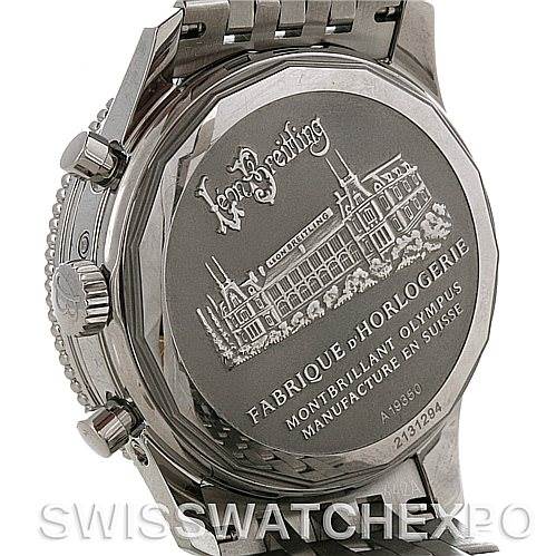 The image shows the back of a Breitling Navitimer A19350 Men
s Stainless Steel Silver Dial A19350 Men
s Stainless Steel Silver Dial watch with the case back engraving and part of the bracelet visible.