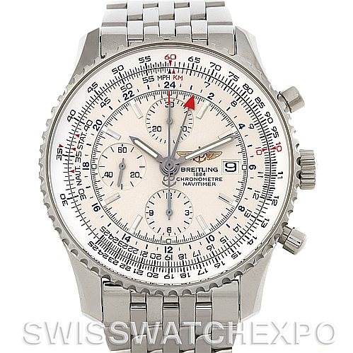 The image shows a front view of a Breitling Navitimer A24322 Men's Stainless Steel White Dial A24322 Men's Stainless Steel White Dial watch, including its face, bezel, crown, pushers, and bracelet.