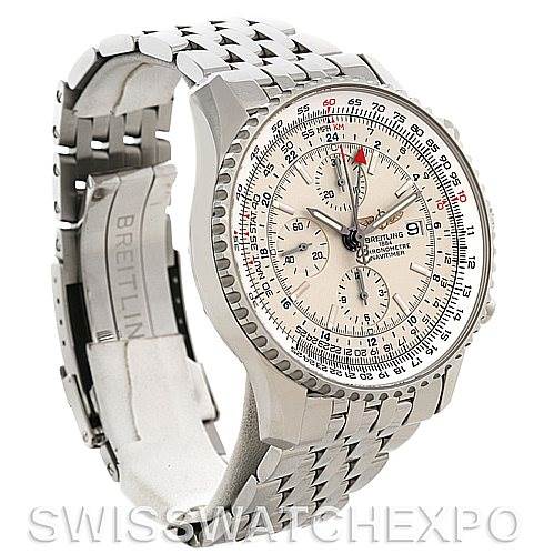 The image shows a Breitling Navitimer A24322 Men's Stainless Steel White Dial A24322 Men's Stainless Steel White Dial watch at a three-quarter angle, highlighting the dial, bezel, and partially open bracelet.