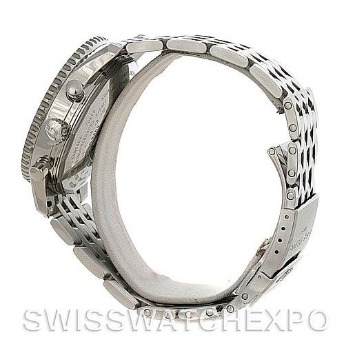 This image shows a side view of a Breitling Navitimer A24322 Men's Stainless Steel White Dial A24322 Men's Stainless Steel White Dial watch, showcasing its stainless steel case and bracelet.