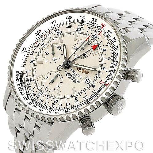 The image shows a Breitling Navitimer A24322 Men's Stainless Steel White Dial A24322 Men's Stainless Steel White Dial watch, highlighting its face, bezel, three subdials, date window, and part of the bracelet from an angled view.