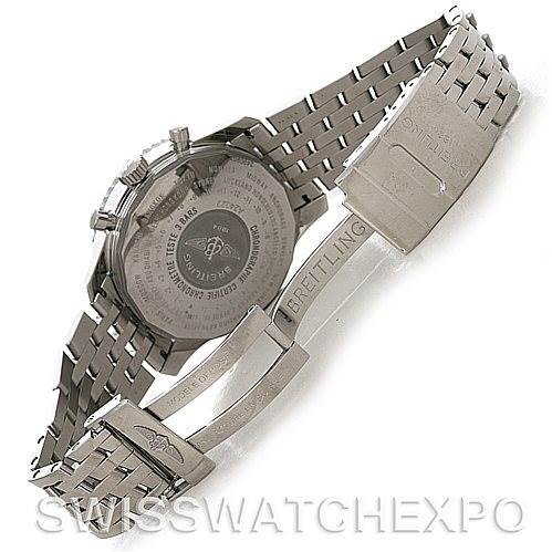 The image shows the back and bracelet of a Breitling Navitimer A24322 Men's Stainless Steel White Dial A24322 Men's Stainless Steel White Dial watch, displayed from an angled rear view.