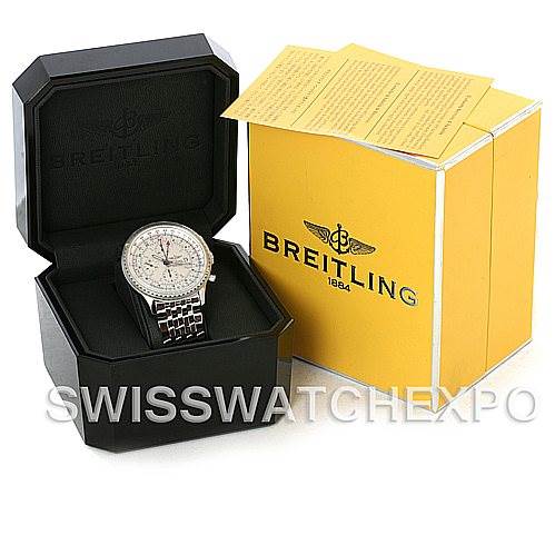 This image shows a Breitling Navitimer A24322 Men's Stainless Steel White Dial A24322 Men's Stainless Steel White Dial watch in its open black case, with the yellow branded box and documentation beside it.