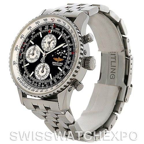 This image shows a Breitling Navitimer A19340 Men's Stainless Steel Black Dial A19340 Men's Stainless Steel Black Dial watch at a slight angle, displaying the face, bezel, chronographs, and part of the metal bracelet.