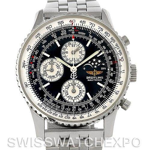 The image shows a front view of the Breitling Navitimer watch, displaying its face, bezel, and part of the metal strap.