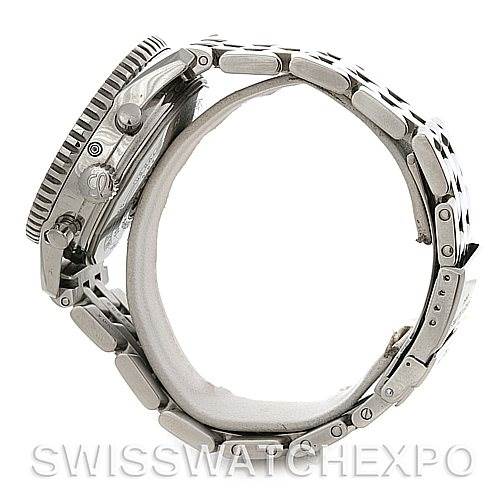 This image shows a side view of a Breitling Navitimer A19340 Men's Stainless Steel Black Dial A19340 Men's Stainless Steel Black Dial watch, focusing on the bezel, crown, pushers, and metal bracelet.