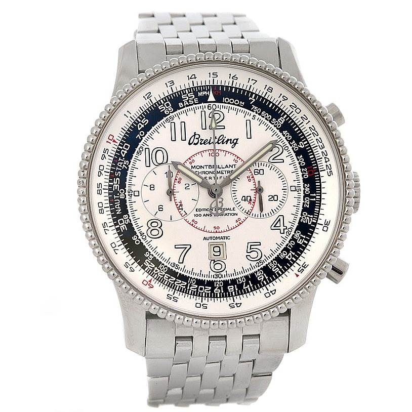 The image shows a frontal view of a Breitling Navitimer A35330 Men's Stainless Steel Silver Dial A35330 Men's Stainless Steel Silver Dial watch, showcasing its dial, bezel, and bracelet.