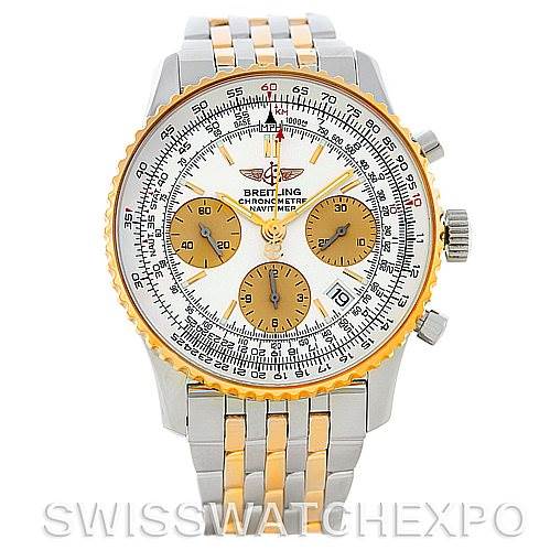 The image shows a front view of a Breitling Navitimer D23322 Men
s Stainless Steel Silver Dial D23322 Men
s Stainless Steel Silver Dial watch with a two-tone bracelet and multiple subdials on the face.