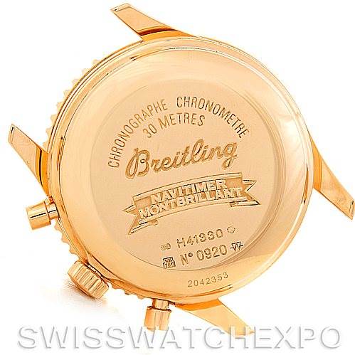 This image shows the back case of a Breitling Navitimer H41330 Men's Rose Gold Silver Dial H41330 Men's Rose Gold Silver Dial watch viewed from a straight-on angle, highlighting its engravings and crowns.