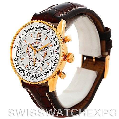 The image shows a Breitling Navitimer H41330 Men's Rose Gold Silver Dial H41330 Men's Rose Gold Silver Dial watch at a three-quarter angle, revealing the face, crown, pushers, and leather strap.