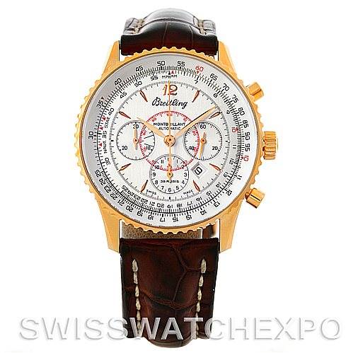 The image shows a front view of a Breitling Navitimer H41330 Men's Rose Gold Silver Dial H41330 Men's Rose Gold Silver Dial watch with a gold case, white dial, and brown leather strap.