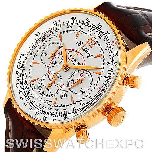 The image shows a Breitling Navitimer H41330 Men's Rose Gold Silver Dial H41330 Men's Rose Gold Silver Dial watch at a front-side angle, highlighting the dial, bezel, crown, and chronograph pushers.