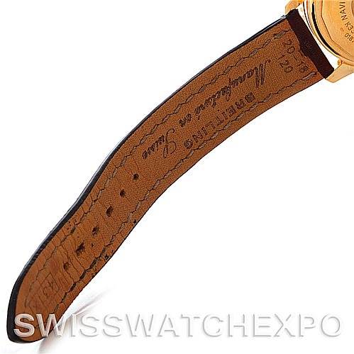 This image shows the inner side of the leather strap and part of the back case of a Breitling Navitimer K33030 Men's Yellow Gold Blue Dial K33030 Men's Yellow Gold Blue Dial watch.