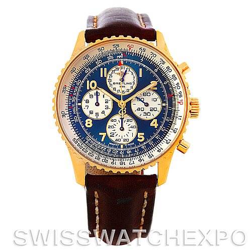The image shows a front view of a Breitling Navitimer K33030 Men's Yellow Gold Blue Dial K33030 Men's Yellow Gold Blue Dial watch with a brown leather strap and gold case.