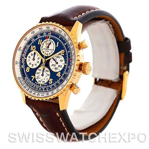 The Breitling Navitimer K33030 Men's Yellow Gold Blue Dial K33030 Men's Yellow Gold Blue Dial watch is shown at a three-quarter angle, displaying its face, bezel, and three chronograph pushers.