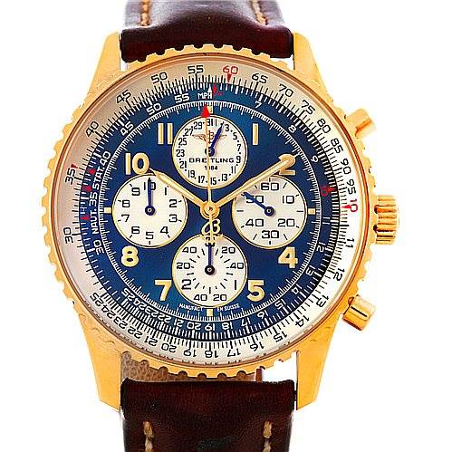 The image shows a front view of a Breitling Navitimer K33030 Men's Yellow Gold Blue Dial K33030 Men's Yellow Gold Blue Dial watch with a gold-tone case, blue dial, and brown leather strap.