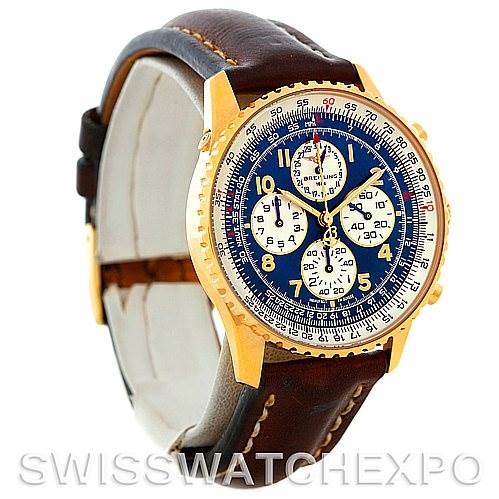 This image shows a Breitling Navitimer K33030 Men's Yellow Gold Blue Dial K33030 Men's Yellow Gold Blue Dial watch angled to display its face, bezel, and leather strap.