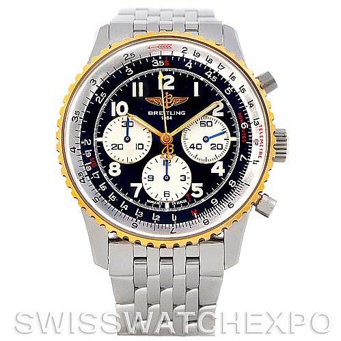 The image shows a front view of a Breitling Navitimer D30022 Men's Stainless Steel Black Dial D30022 Men's Stainless Steel Black Dial watch, displaying its face, bezel, crown, and stainless steel bracelet.