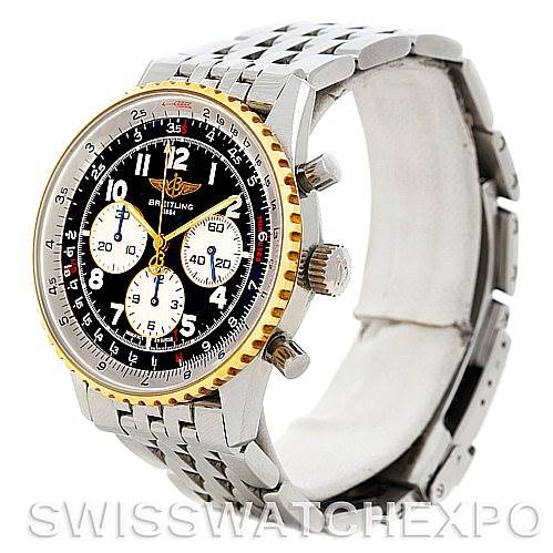 The image shows a Breitling Navitimer D30022 Men's Stainless Steel Black Dial D30022 Men's Stainless Steel Black Dial watch at an angled view, highlighting its face, bezel, and stainless steel bracelet.