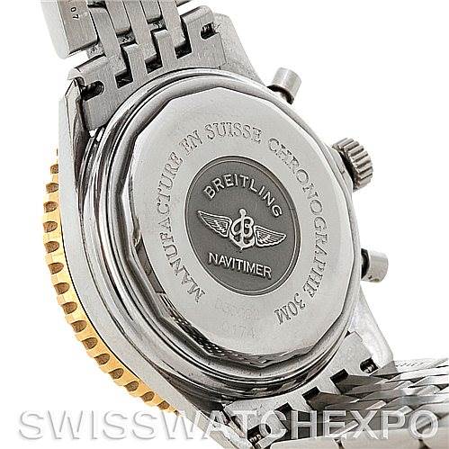 This image shows the rear view of a Breitling Navitimer D30022 Men's Stainless Steel Black Dial D30022 Men's Stainless Steel Black Dial watch, highlighting the case back, crown, and part of the bracelet.