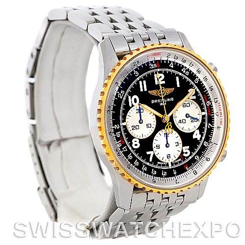 The Breitling Navitimer D30022 Men's Stainless Steel Black Dial D30022 Men's Stainless Steel Black Dial watch is shown from a front angle, highlighting its dial, subdials, bezel, and bracelet.