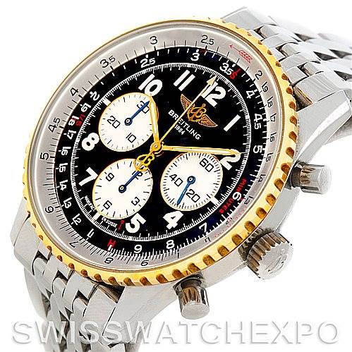 This image shows a Breitling Navitimer D30022 Men's Stainless Steel Black Dial D30022 Men's Stainless Steel Black Dial watch angled to display its face, bezel, crown, pushers, and stainless steel bracelet.