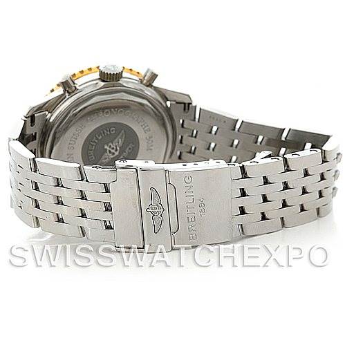The image shows the back of a Breitling Navitimer D30022 Men's Stainless Steel Black Dial D30022 Men's Stainless Steel Black Dial watch, highlighting the stainless steel bracelet and clasp.