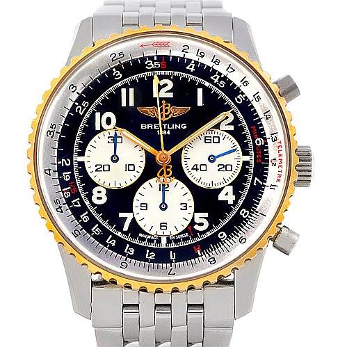 This is a front view of a Breitling Navitimer D30022 Men's Stainless Steel Black Dial D30022 Men's Stainless Steel Black Dial watch, showing its dial, chronograph subdials, bezel, and metal bracelet.