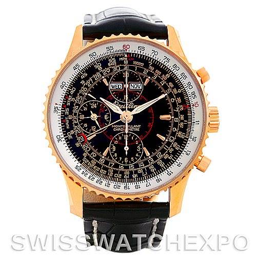 The image shows the front view of a Breitling Navitimer R21330 Men's Rose Gold Black Dial R21330 Men's Rose Gold Black Dial watch with a black dial, gold case, and black leather strap.