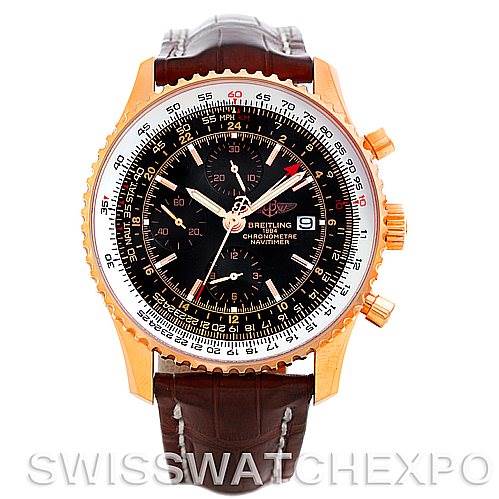 This image shows a Breitling Navitimer R24322 Men's Rose Gold Black Dial R24322 Men's Rose Gold Black Dial watch from a front angle, displaying its dial, bezel, and leather strap.