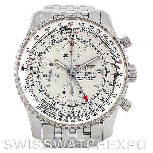 This image shows a front view of a Breitling Navitimer A24322 Men's Stainless Steel White Dial A24322 Men's Stainless Steel White Dial watch, including its face, bezel, and metal bracelet.