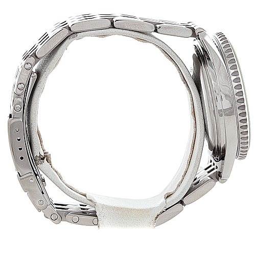 The image shows a side view of a Breitling Navitimer A41330 Stainless Steel Black Dial A41330 Stainless Steel Black Dial watch, highlighting the metal bracelet and partially visible case.