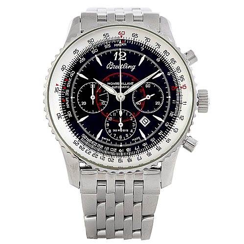 The image shows a front view of a Breitling Navitimer A41330 Stainless Steel Black Dial A41330 Stainless Steel Black Dial watch, highlighting its dial, chronograph subdials, bezel, and stainless steel bracelet.