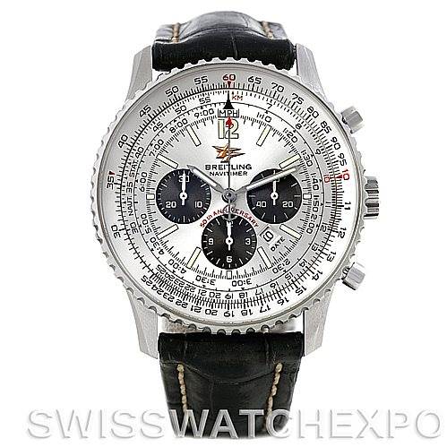 Front view of a Breitling Navitimer A41322 Men's Stainless Steel Silver Dial A41322 Men's Stainless Steel Silver Dial watch showcasing its dial, chronograph sub-dials, and leather strap.