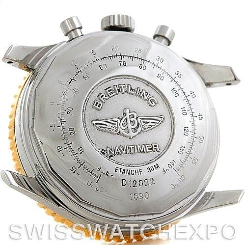 The image shows the back side of a Breitling Navitimer D12022 Men's Stainless Steel White Dial D12022 Men's Stainless Steel White Dial watch case, exposing the brand logo and some technical inscriptions.