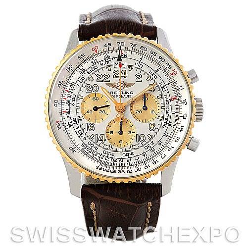 The image shows a frontal view of a Breitling Navitimer D12022 Men's Stainless Steel White Dial D12022 Men's Stainless Steel White Dial watch with a brown leather strap and a marked dial.