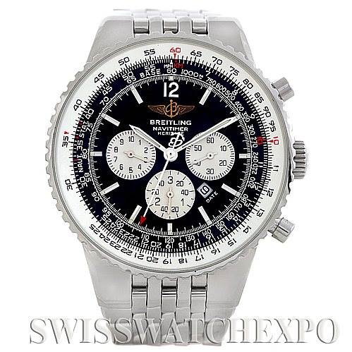 This image shows a frontal view of a Breitling Navitimer A35340 Men's Stainless Steel Black Dial A35340 Men's Stainless Steel Black Dial watch, displaying its black dial, three subdials, and stainless steel bracelet.