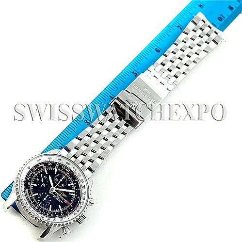 The image shows a Breitling Navitimer A24322 Men
s Stainless Steel Black Dial A24322 Men
s Stainless Steel Black Dial watch with a silver metal bracelet and clasp, lying flat next to a blue measuring tape.