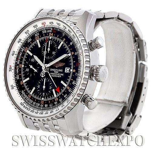 The image shows a Breitling Navitimer A24322 Men
s Stainless Steel Black Dial A24322 Men
s Stainless Steel Black Dial watch at an angle highlighting the face, bezel, crown, and chronograph pushers, with the bracelet partially open.