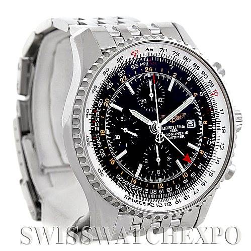 The image shows a side-angle view of a Breitling Navitimer A24322 Men
s Stainless Steel Black Dial A24322 Men
s Stainless Steel Black Dial watch, displaying the bezel, face, hands, and part of the metal bracelet.
