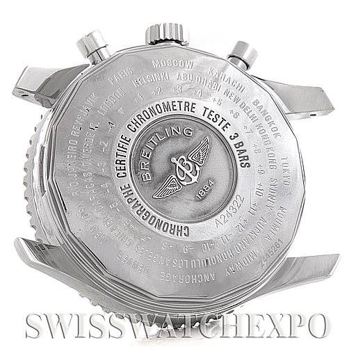 The image shows the case back of a Breitling Navitimer A24322 Men
s Stainless Steel Black Dial A24322 Men
s Stainless Steel Black Dial watch, including the engraved inscriptions and the crown and pushers.