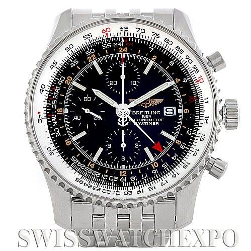 The image shows a front view of a Breitling Navitimer A24322 Men
s Stainless Steel Black Dial A24322 Men
s Stainless Steel Black Dial watch, highlighting its dial, bezel, and bracelet.