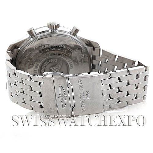 The image shows the back view of the Breitling Navitimer A24322 Men
s Stainless Steel Black Dial A24322 Men
s Stainless Steel Black Dial watch, focusing on the case back and the metal bracelet.