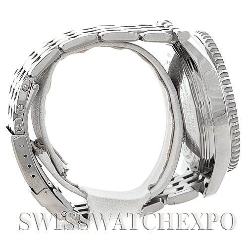 This image shows a side profile of the Breitling Navitimer A24322 Men
s Stainless Steel Black Dial A24322 Men
s Stainless Steel Black Dial watch, highlighting its stainless steel bracelet, case, and bezel.