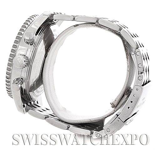 The image shows a side view of a Breitling Navitimer A24322 Men
s Stainless Steel Black Dial A24322 Men
s Stainless Steel Black Dial watch with focus on its stainless steel case and bracelet, highlighting the crown and pushers.