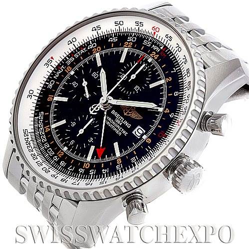 The image shows a Breitling Navitimer A24322 Men
s Stainless Steel Black Dial A24322 Men
s Stainless Steel Black Dial watch at a three-quarter angle, highlighting the face, bezel, crown, and pushers.
