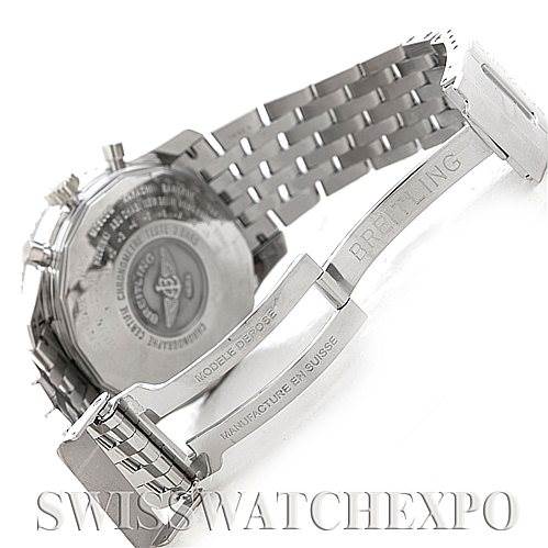 The image shows the back and clasp of a Breitling Navitimer A24322 Men
s Stainless Steel Black Dial A24322 Men
s Stainless Steel Black Dial watch, highlighting the brand engraving and metal bracelet.